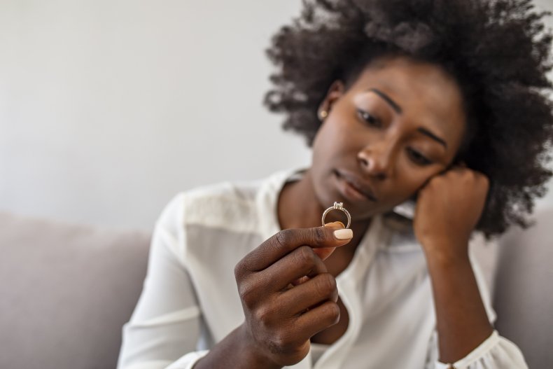 Sad woman looking at wedding ring