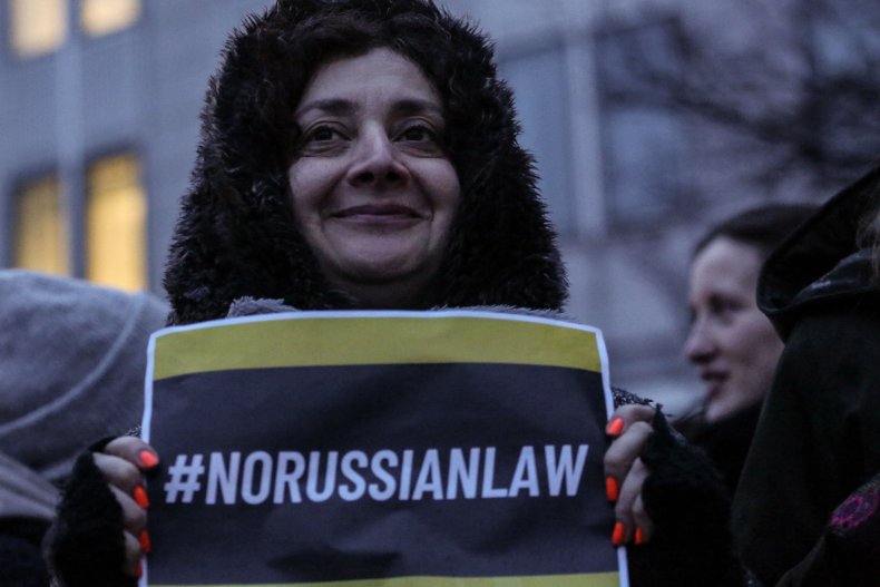 A protester holds a placard in Georgia