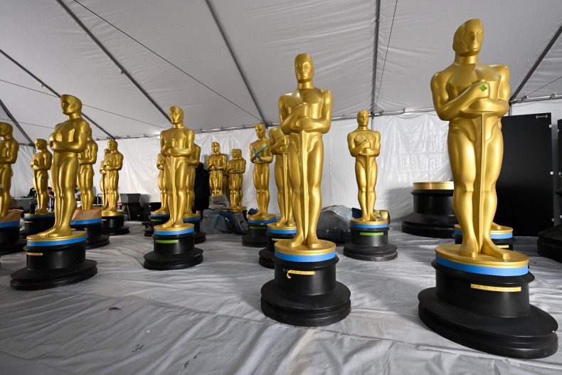 Oscars statuettes during Academy Awards preparations