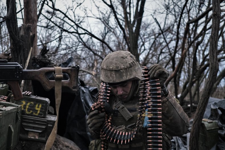 Ukraine soldier at Bakhmut front line ammunition