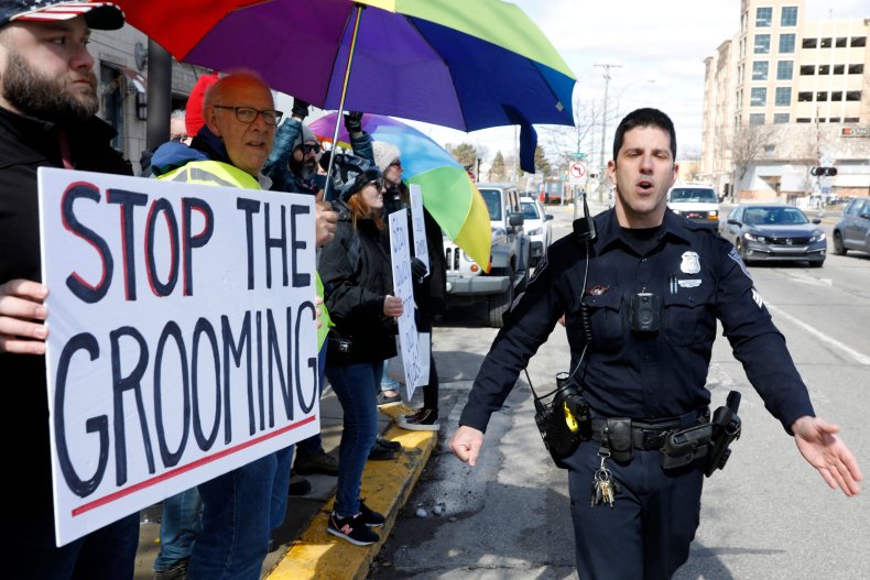 Anti-drag protest stock photo