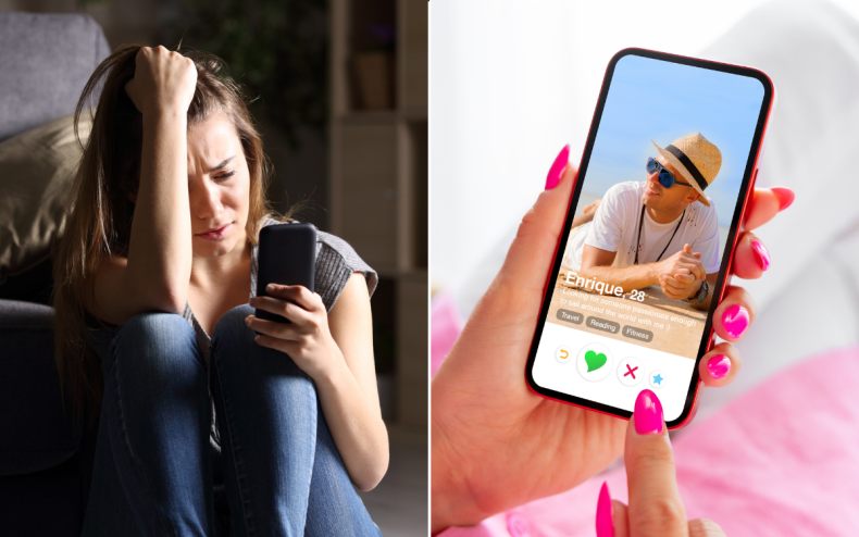 A woman crying and a dating app.