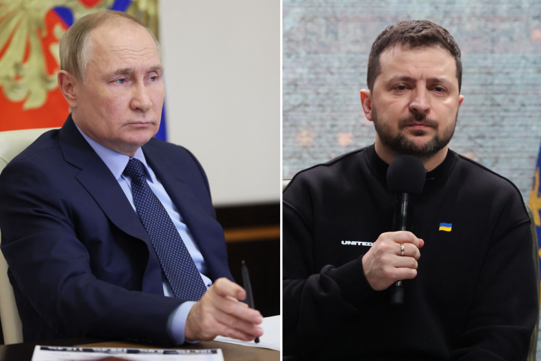 Vladimir Putin and Volodymyr Zelensky split picture