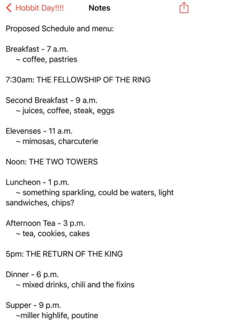 The 'Hobbit Day' movie marathon schedule.