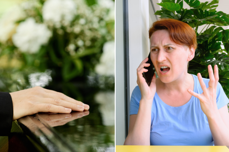 Woman's hand on coffin and angry call