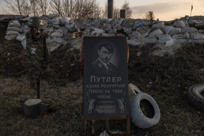 Faux Vladimir Putin gravestone outside Kyiv Ukraine