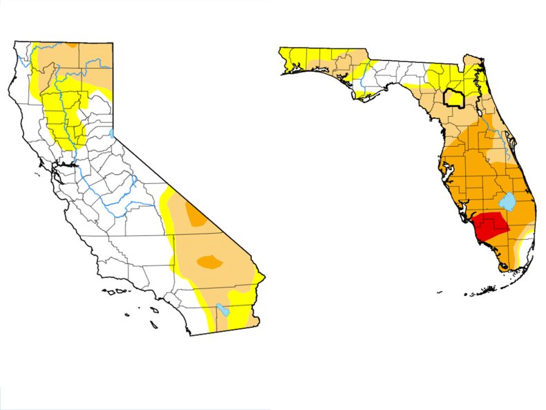 Cartes de la sécheresse en Californie et en Floride 