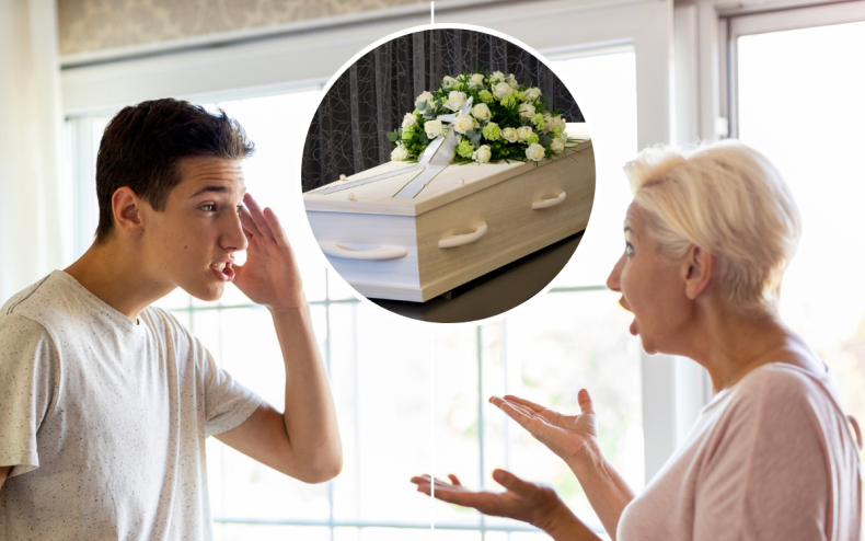A teenager, a woman and a casket.