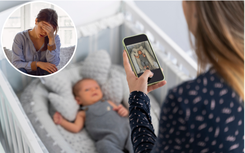 A woman photographing a baby.