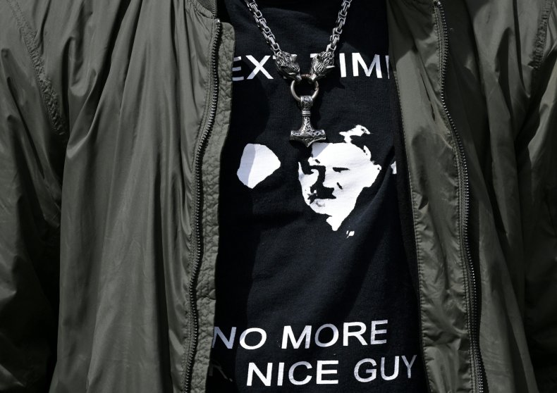 Far, right, protester, wearing, Adolf, Hitler, shirt