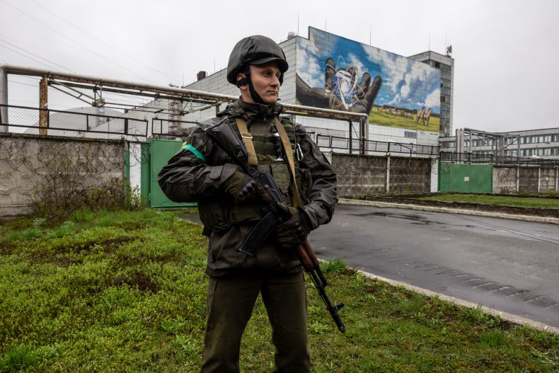 Ukraine soldier outside Chernobyl nuclear plant 2022