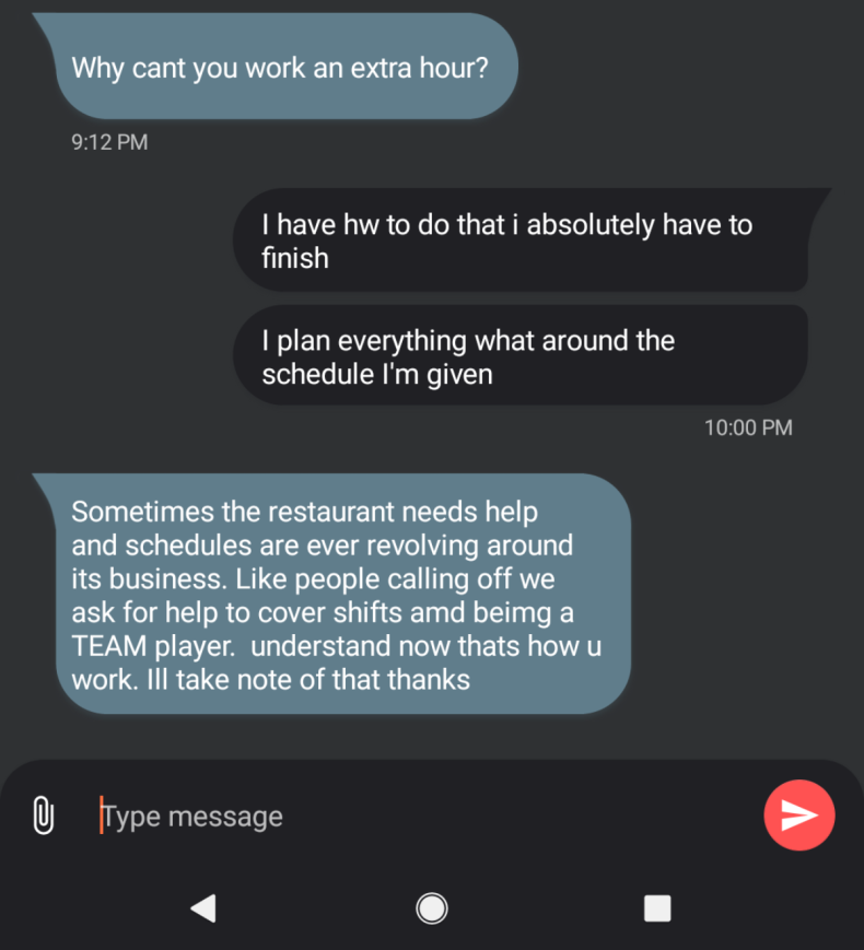Passive-aggressive text messages from the poster's boss