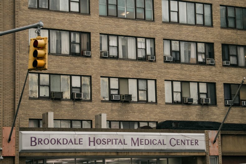 Rain falls outside Brookdale Hospital Medical Center