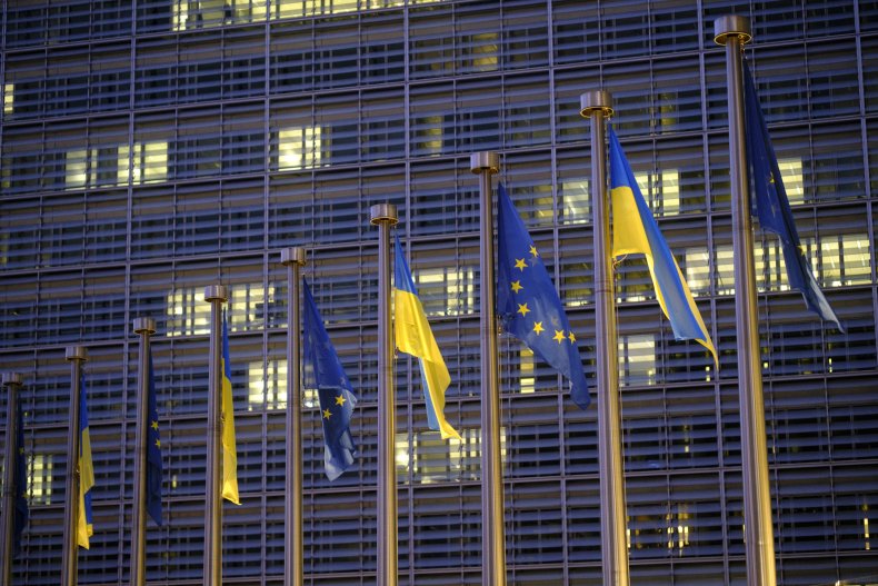 Ukraine and EU flags fly in Brussels