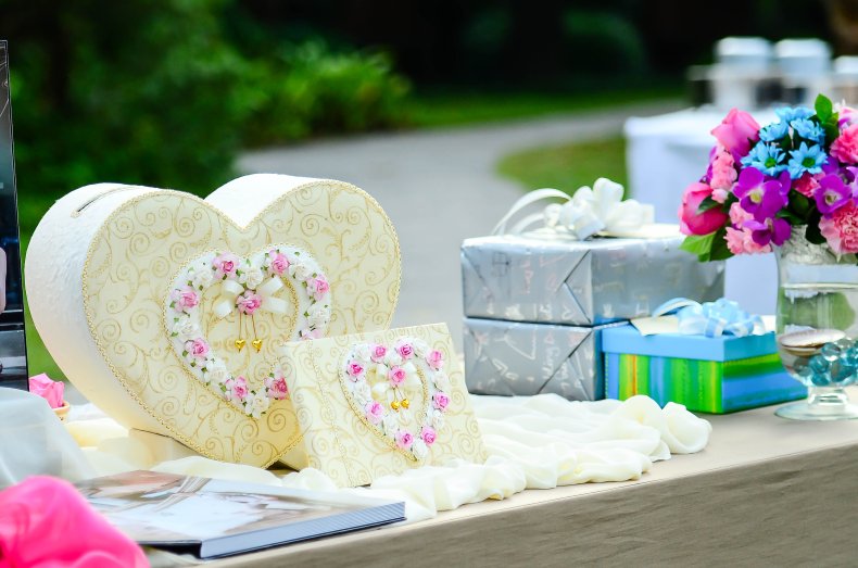 A table full of wedding gifts