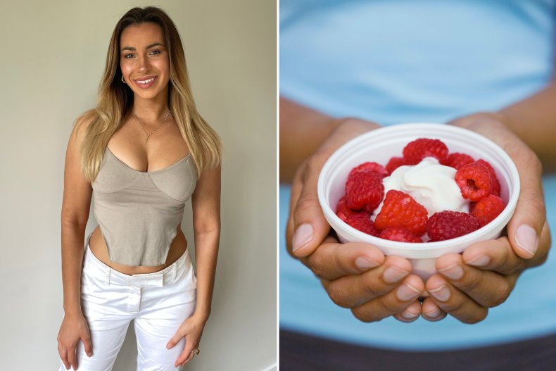 Renée Mowatt and bowl of raspberry yoghurt