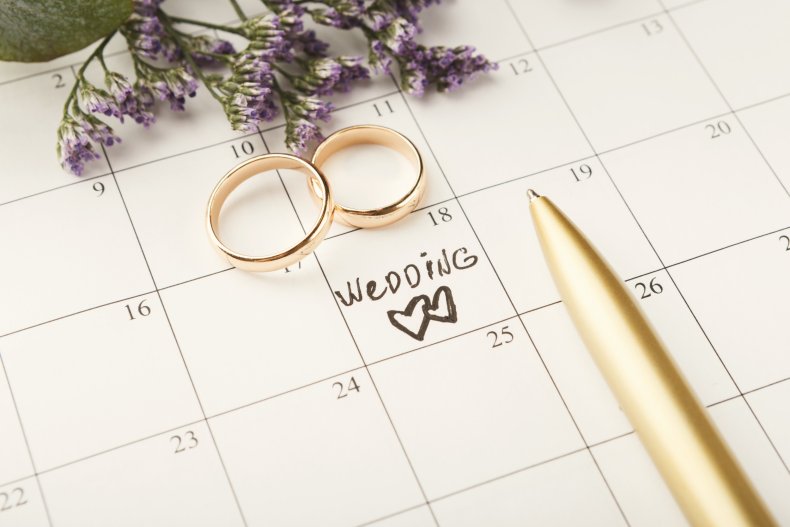 Wedding rings on top of calendar. 
