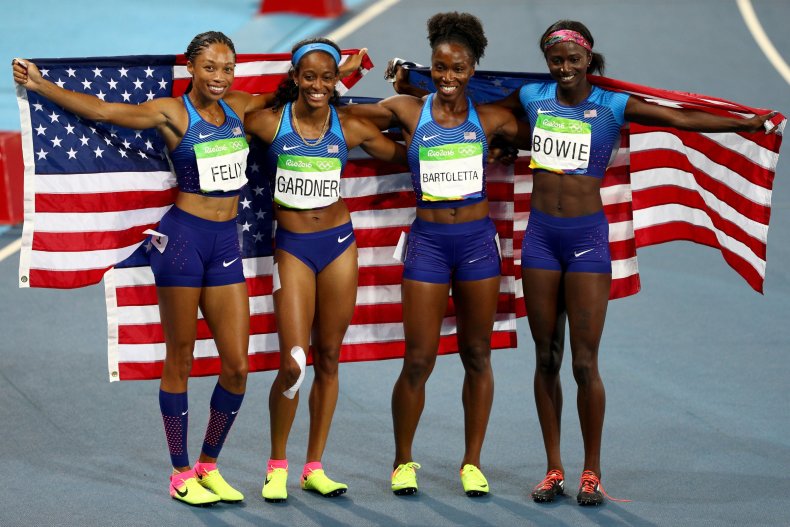 English Gardner, Allyson Felix, Tianna Bartoletta and