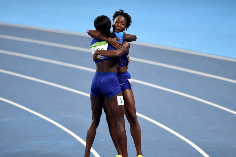 Tori Bowie celebrating with Tianna Bartoletta