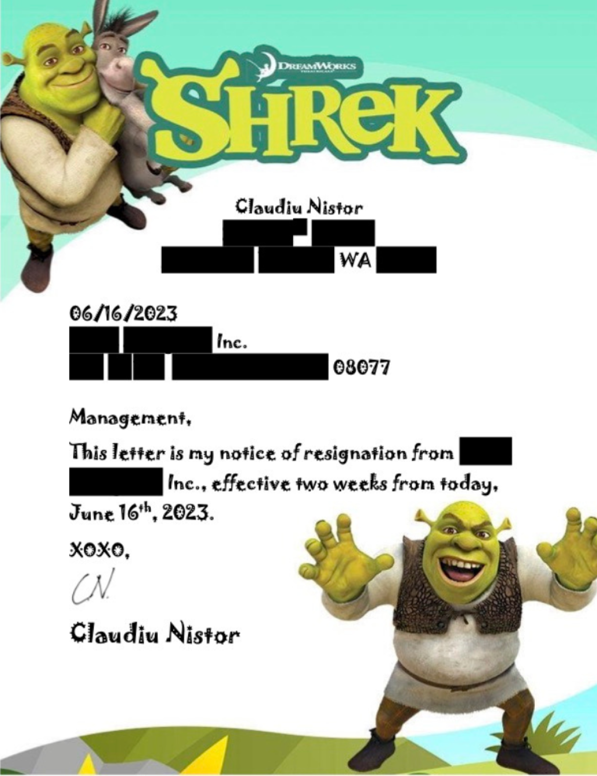 Shrek resignation letter - full
