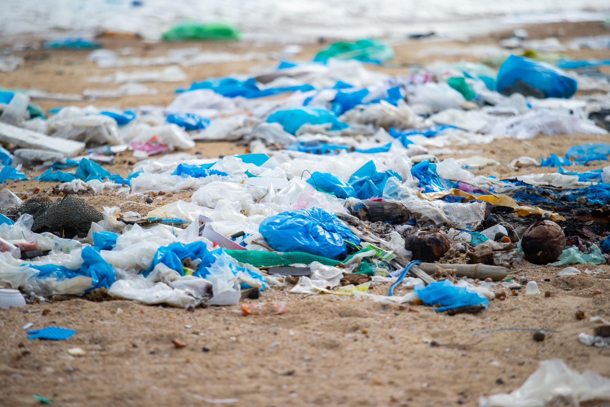Garbage bags. Blue plastic garbage bags full of trash on the beach