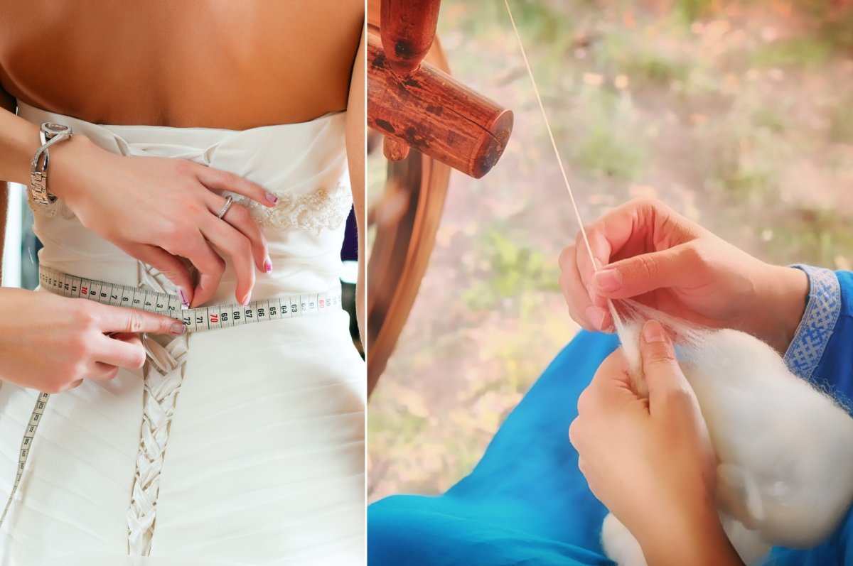 Wedding dress measured; yarn from spinning wheel.