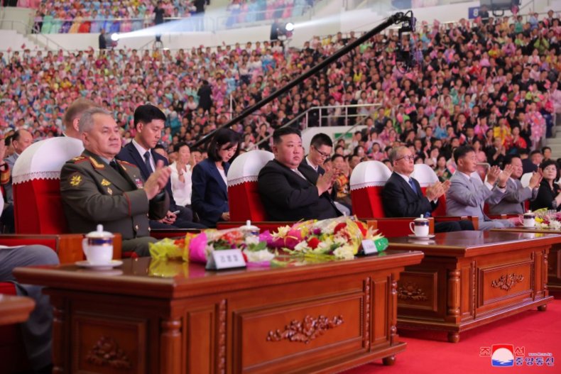 Kim, with, Russia, China, officials, North Korea
