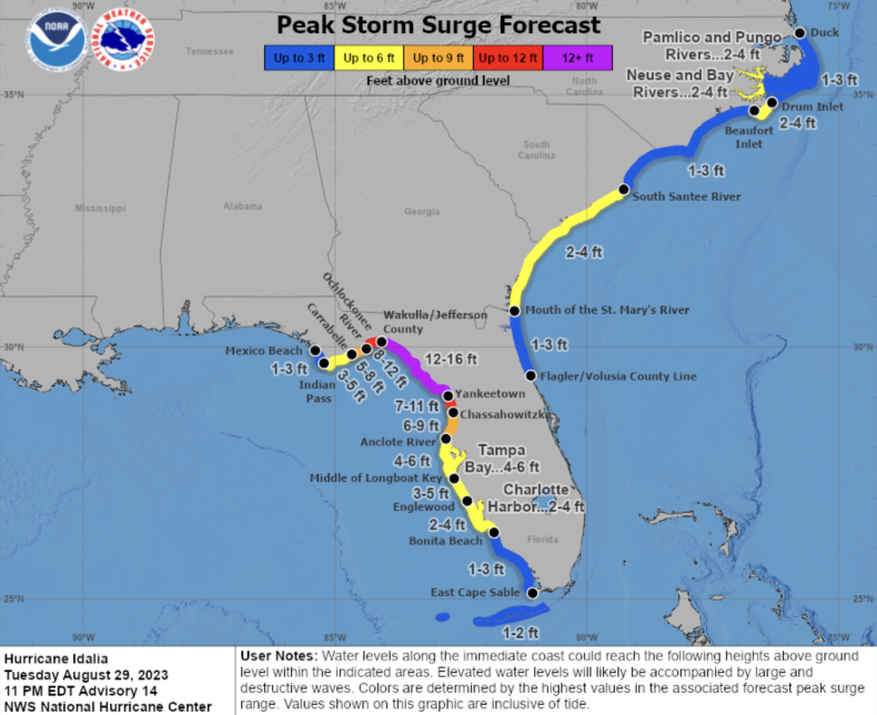 Peak storm surge forecast for Idalia