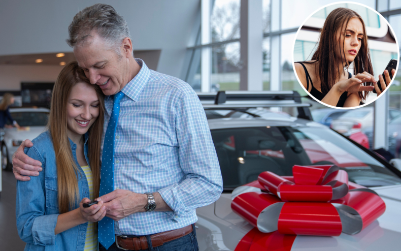 A dad buying his daughter a car.