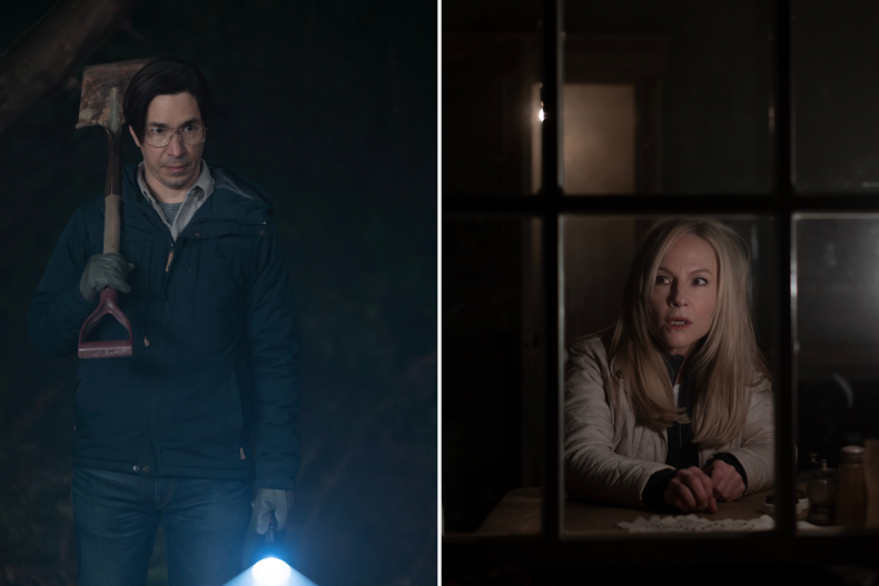 Justin Long and Rachel Harris in 'Goosebumps.'