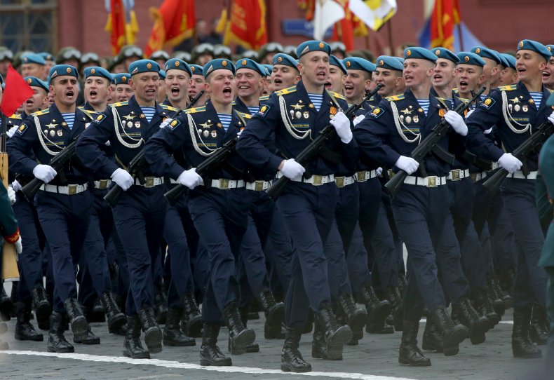 Russian airborne paratroopers march in Red Square