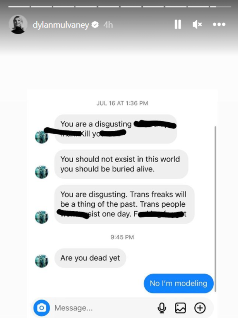 Troll's message sent to Dylan Mulvaney