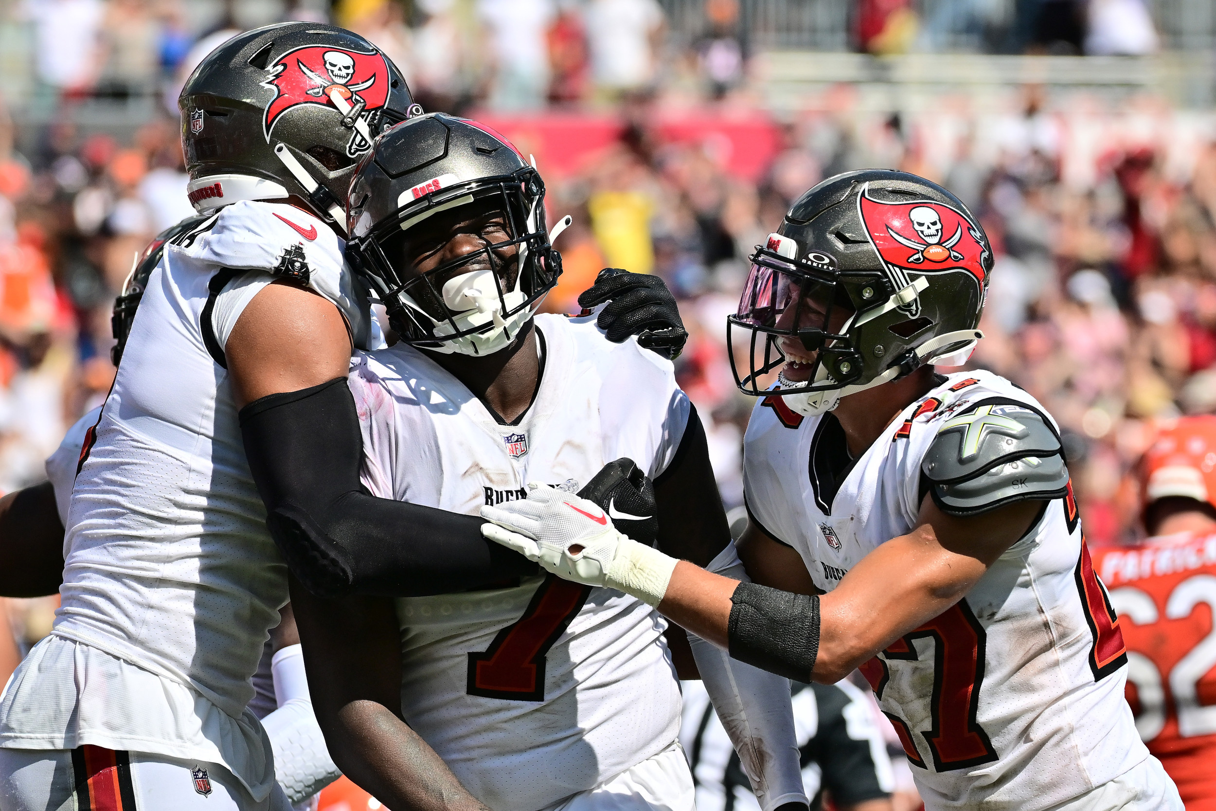 Tampa Bay Buccaneers wide receiver Mike Evans (13) points to a fan after  catching a touchdown pass during an NFL football game against the Chicago  Bears, Sunday, Sept. 17, 2023, in Tampa