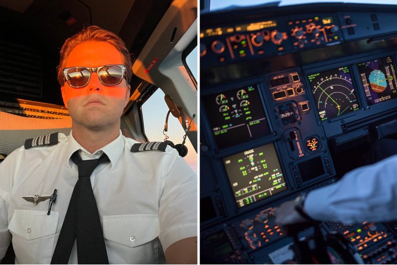 Pilot on plane; cockpit control deck.