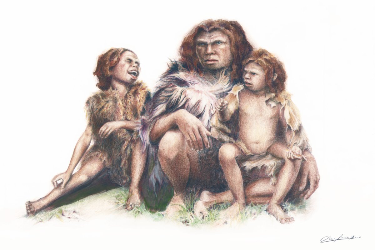 An illustration of three Neanderthals