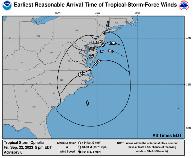 Tropical Storm Ophelia Wind Map