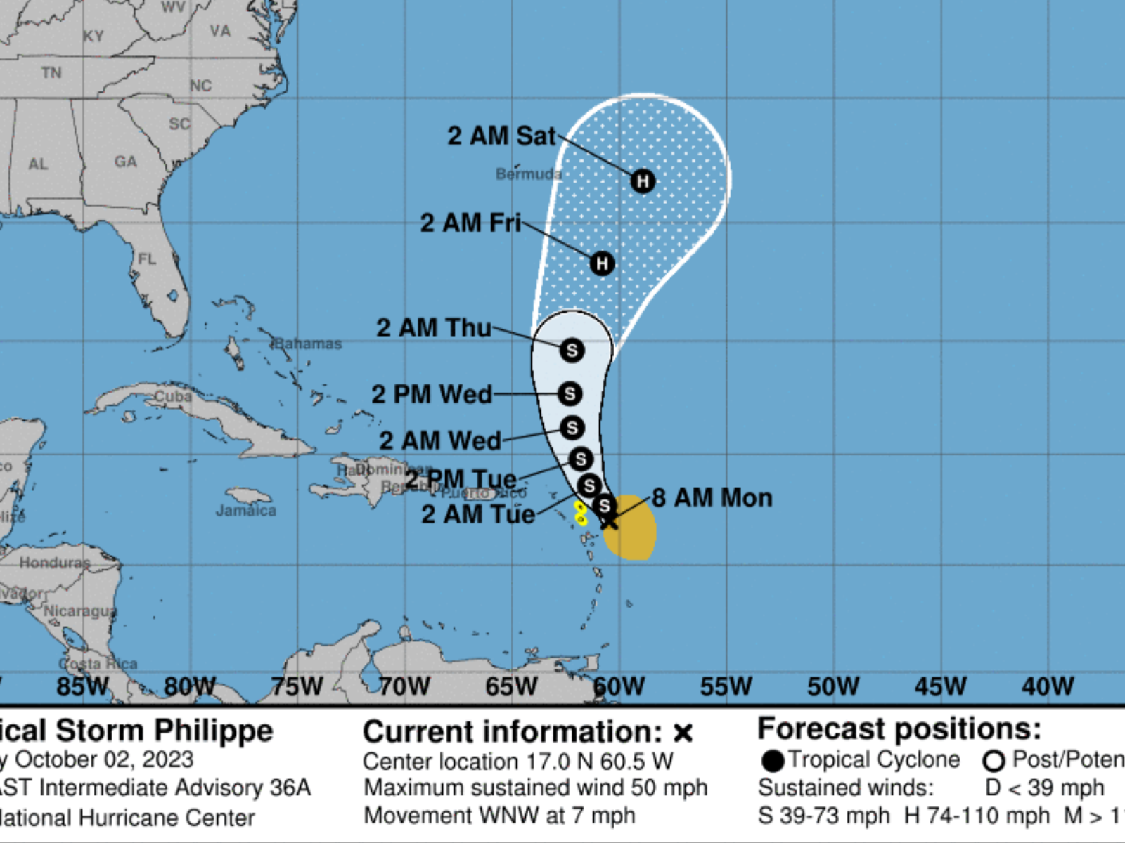 National Hurricane Center on X: 5 pm AST: Tropical Storm #Philippe is  approaching Bermuda. Here are the Key Messages. Visit   for more details.  / X