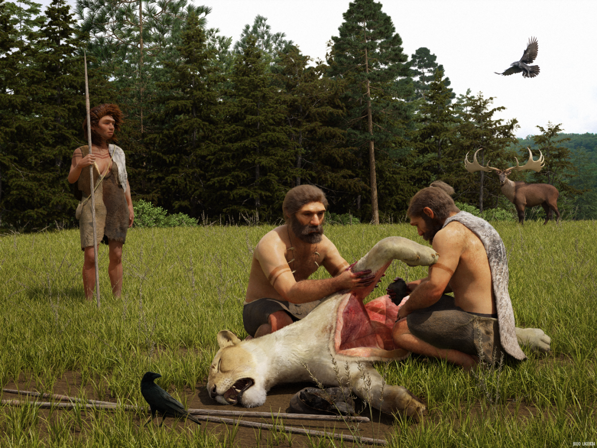 Neanderthals butchering a cave lion