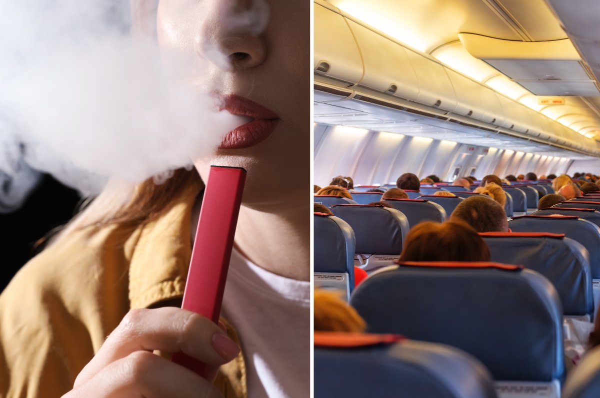 Woman vaping; passengers on a plane.