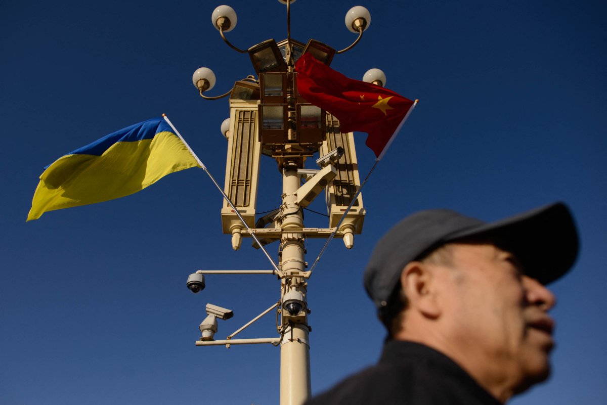 Ukraine, China flags and CCTV in Beijing