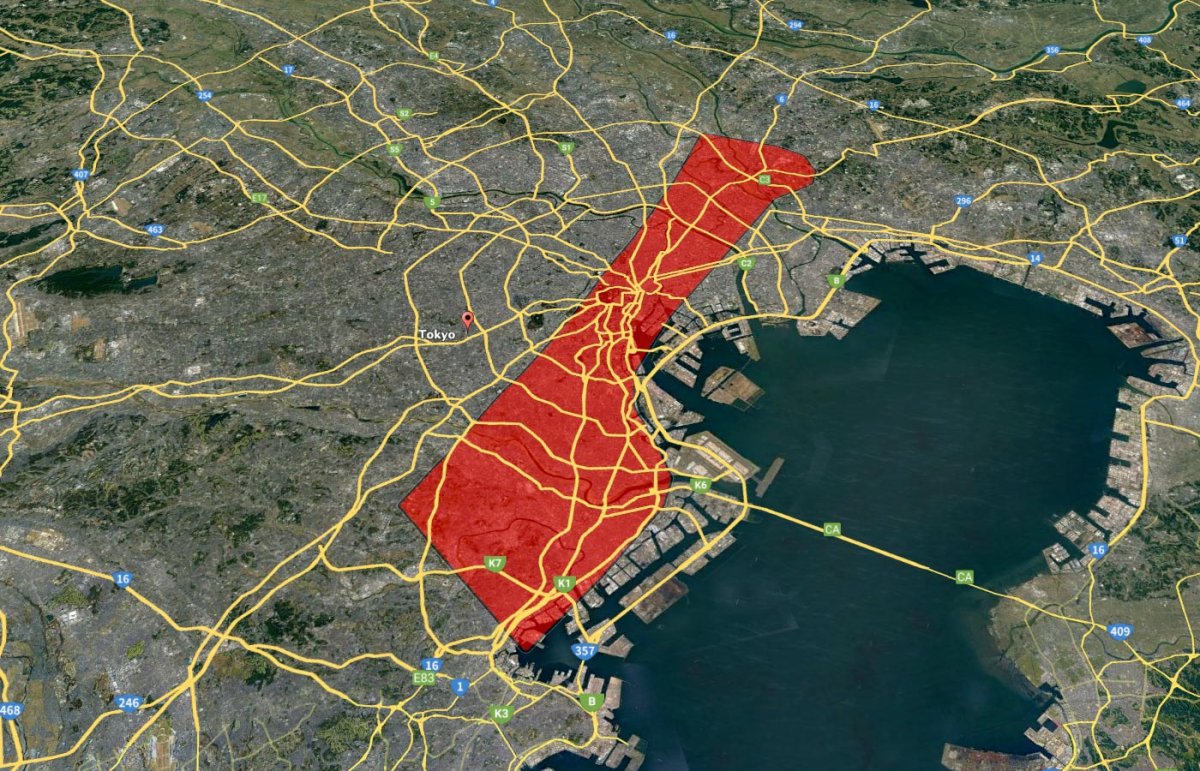 Gaza Strip outline over boundaries of Tokyo