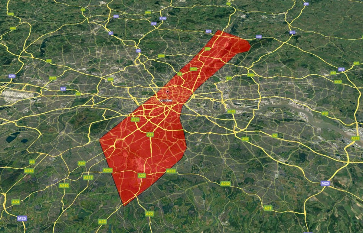 Gaza Strip outline over boundaries of London