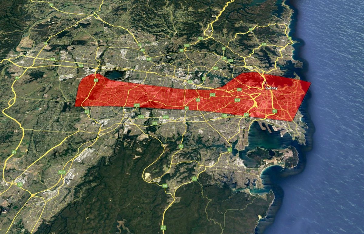 Gaza Strip outline over boundaries of Sydney