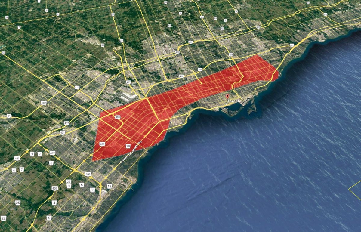 Gaza Strip outline over boundaries of Toronto