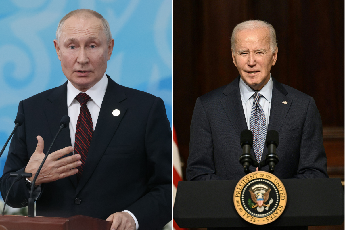 Divided image of Putin and Biden
