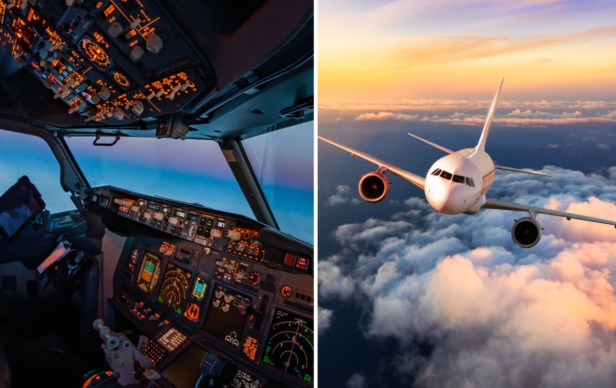 Plane cockpit and aircraft flying above clouds.