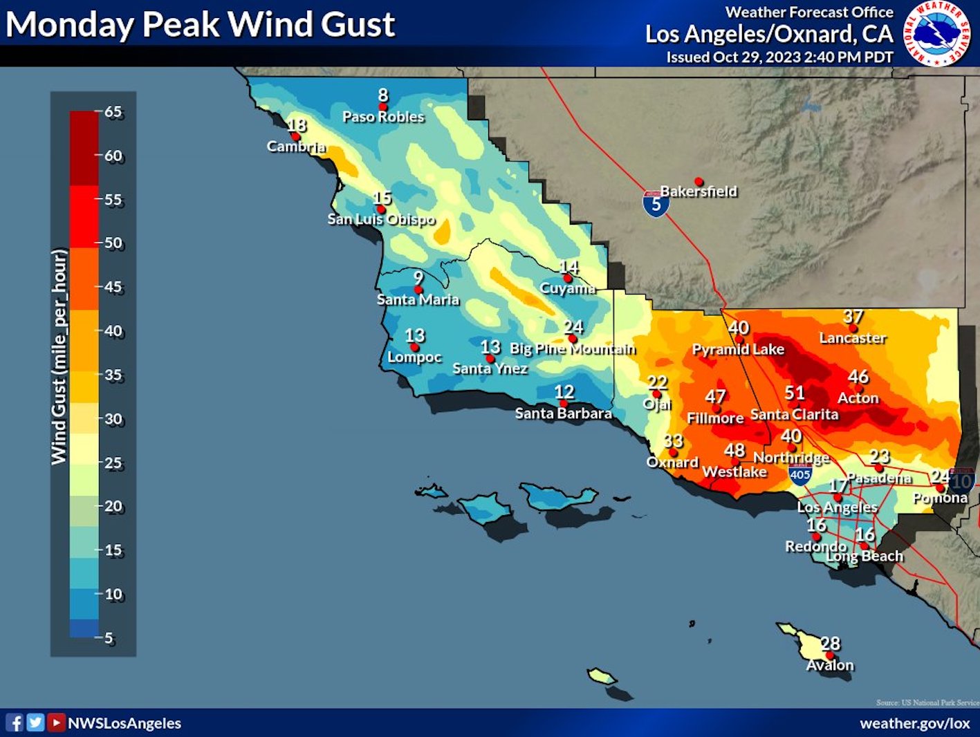 Wind Map California Peak Wind Gust Map Los Angeles 
