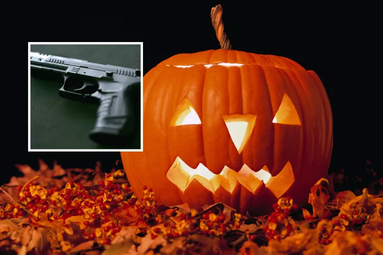 An image of a Jack-o-Lantern with an inset image of a handgun.