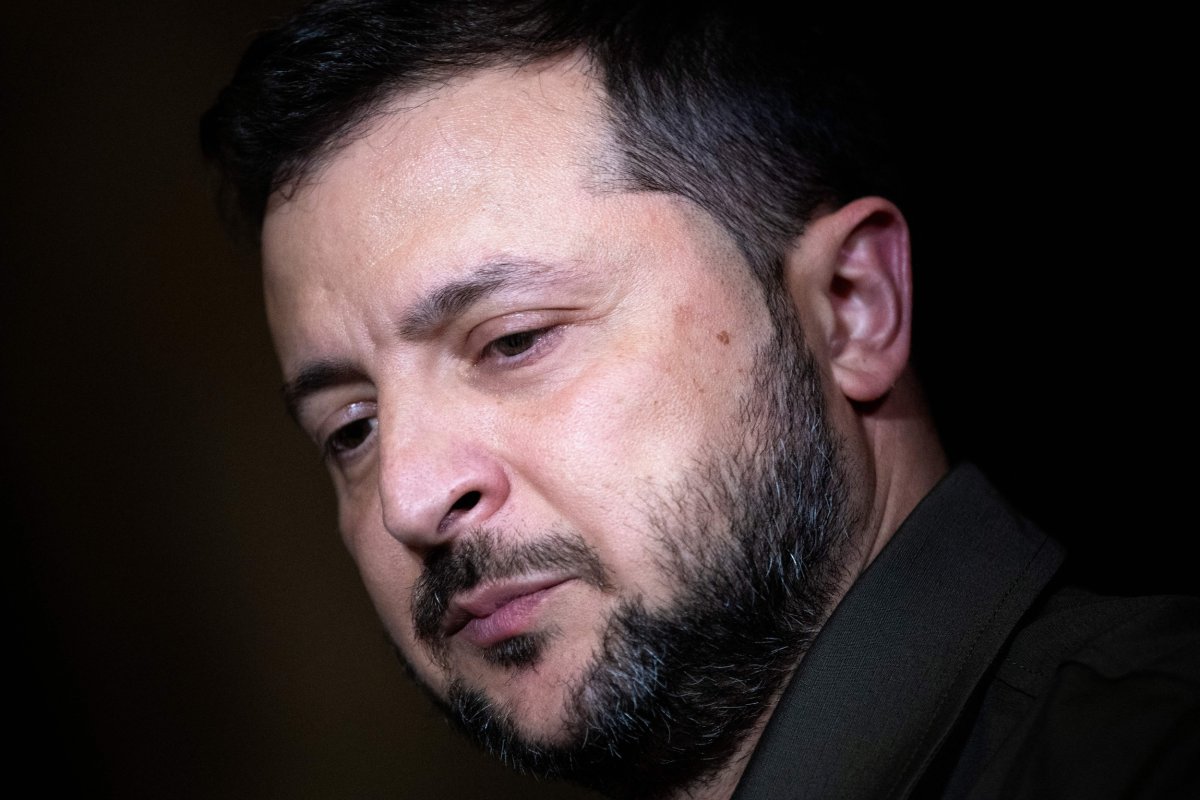 Ukrainian President Volodymyr Zelensky pauses while speaking
