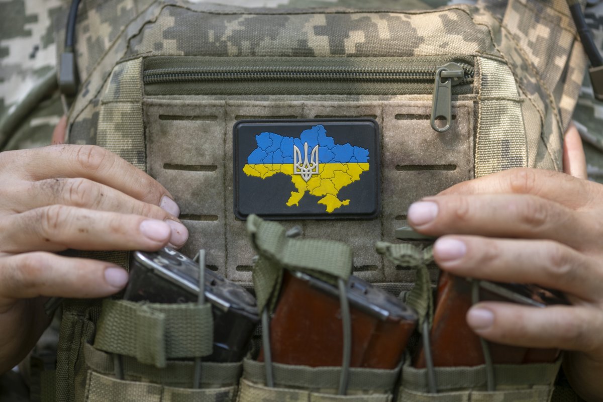 Ukraine soldier with Ukraine map on vest